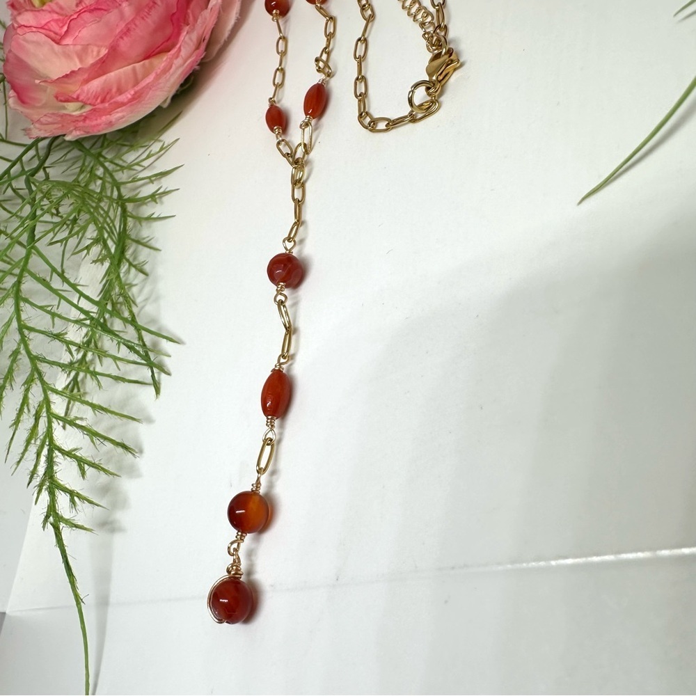 NEW⚜️Carnelian & Coral Lariat Beaded Necklace - Picture 4 of 7